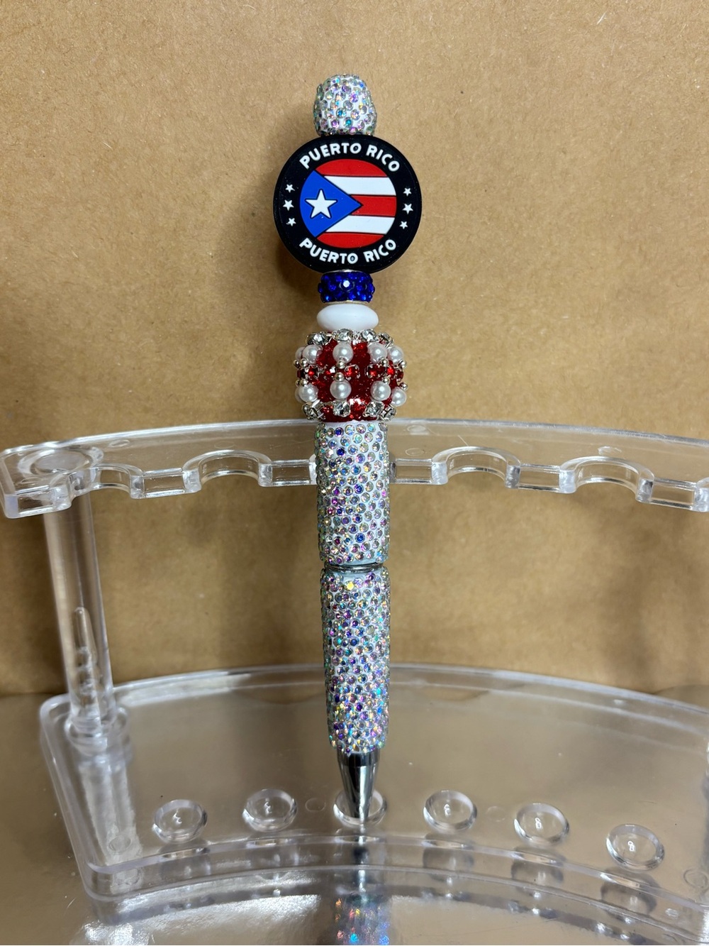 Puerto Rico Beaded Rhinestone Pen - Red, Blue, White